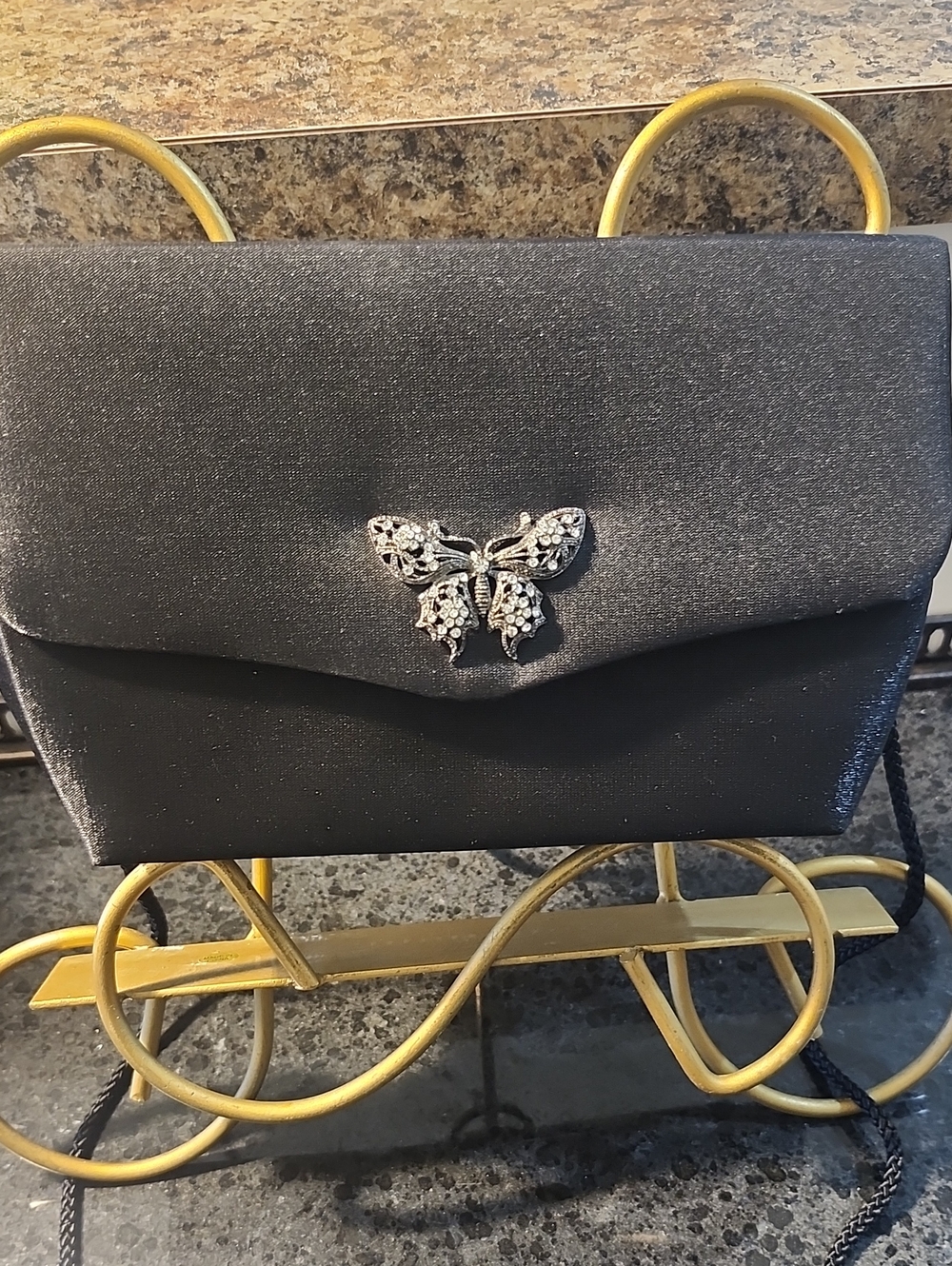 Preston & York Elegant Black Evening Clutch with Crystal Butterfly Accent